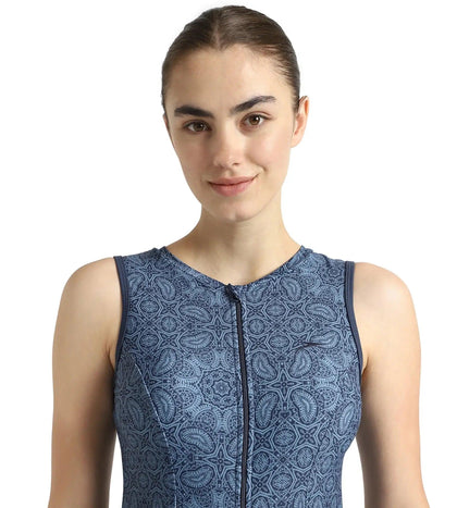 Women's Endurance10 Printed Closedback Swimdress With Boyleg - Spruce Blue & Washed Blue