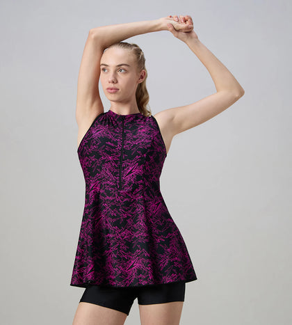 Women's Endurance10 Printed Closedback Swimdress With Boyleg - Black & Electric Pink