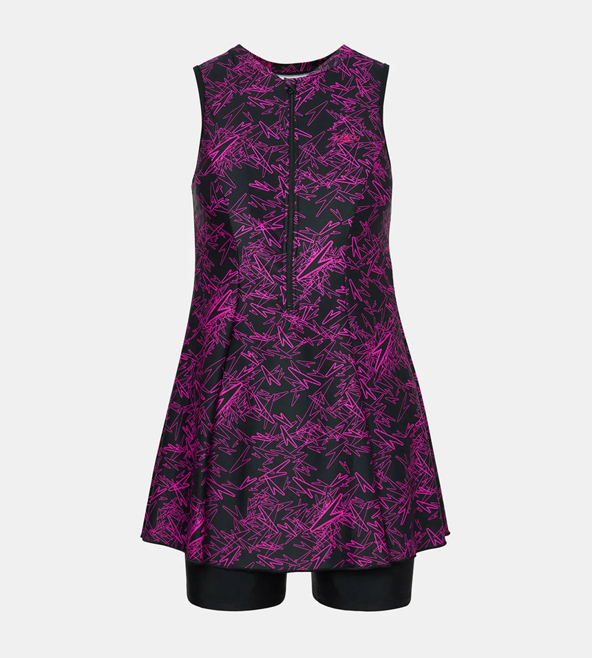 Women's Endurance10 Printed Closedback Swimdress With Boyleg - Black & Electric Pink