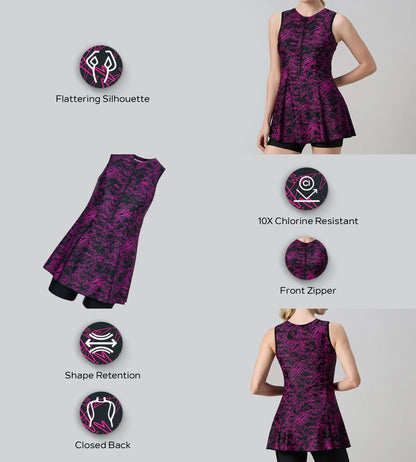 Women's Endurance10 Printed Closedback Swimdress With Boyleg - Black & Electric Pink