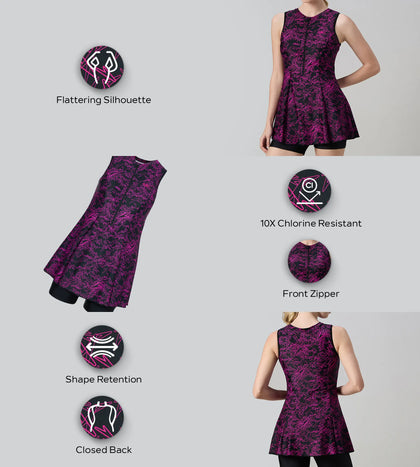 Women's Endurance10 Printed Closedback Swimdress With Boyleg - Black & Electric Pink