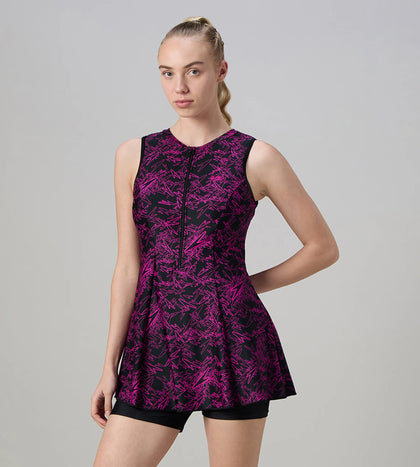 Women's Endurance10 Printed Closedback Swimdress With Boyleg - Black & Electric Pink