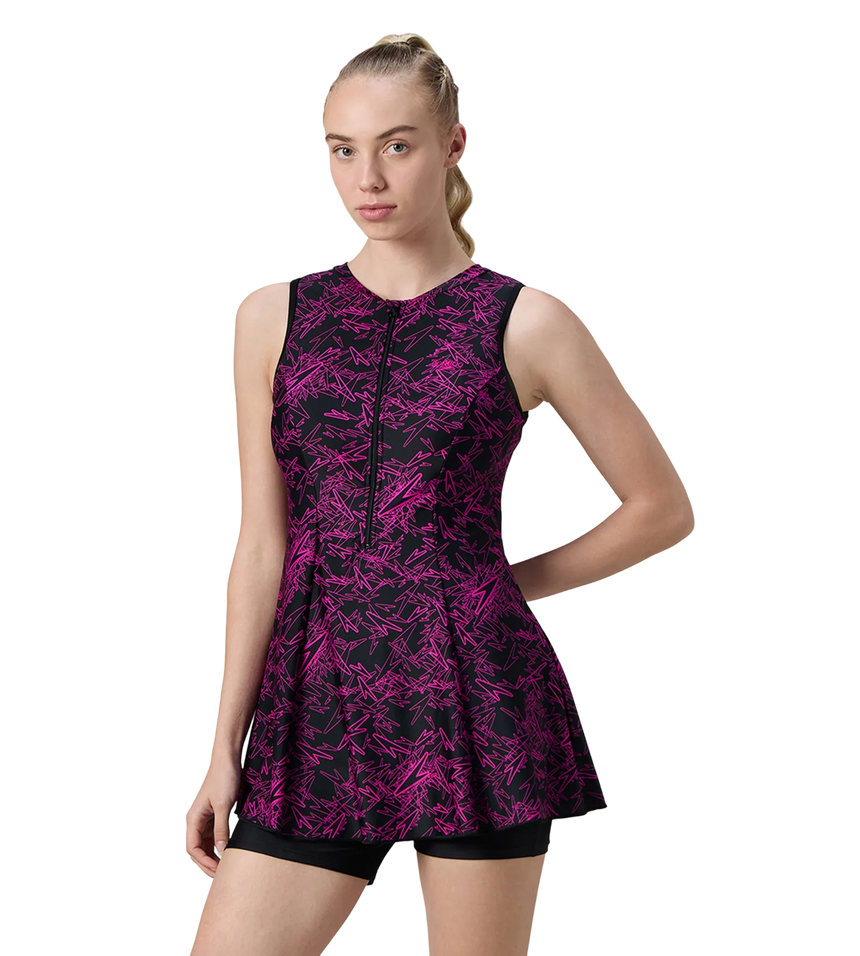 Women's Endurance10 Printed Closedback Swimdress With Boyleg - Black & Electric Pink