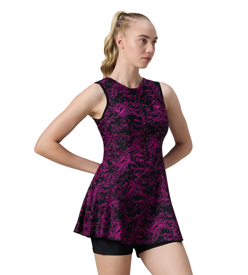 Women's Endurance10 Printed Closedback Swimdress With Boyleg - Black & Electric Pink