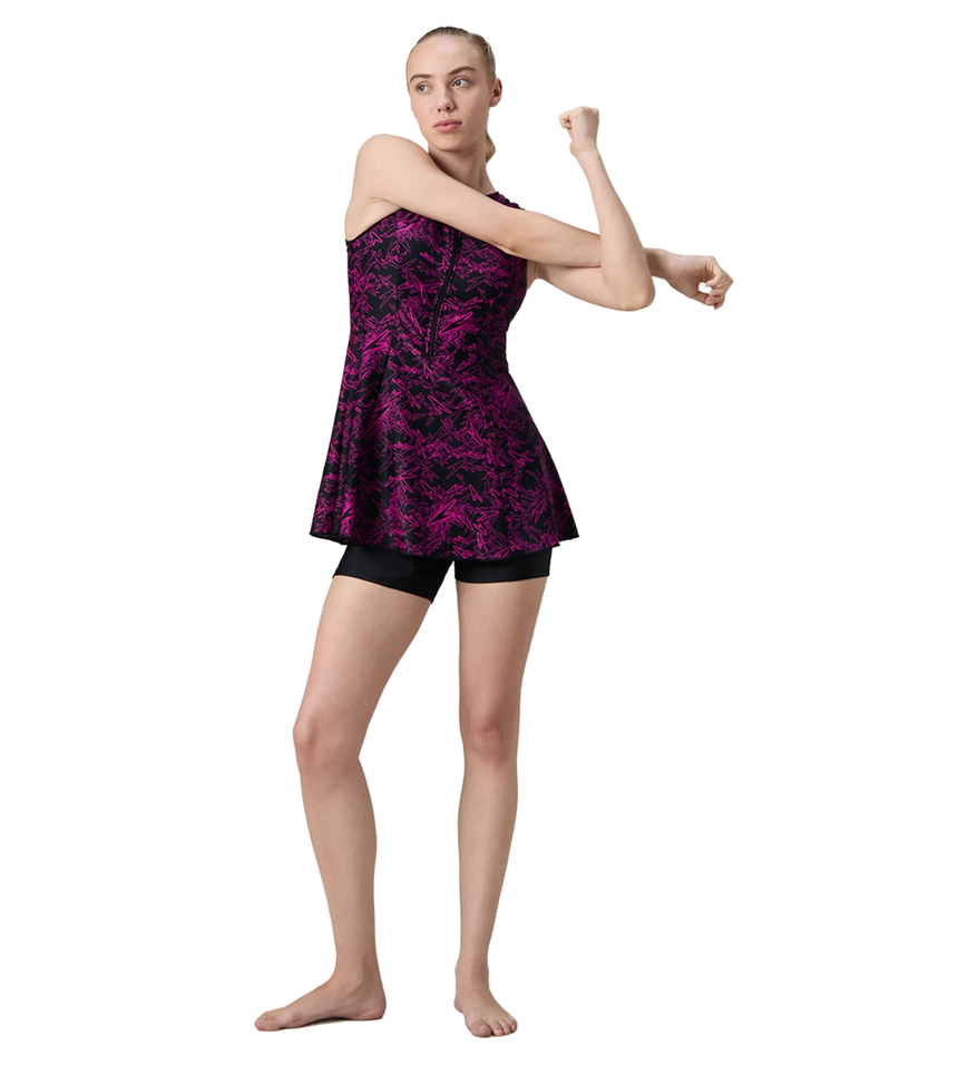 Women's Endurance10 Printed Closedback Swimdress With Boyleg - Black & Electric Pink