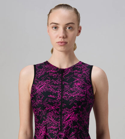 Women's Endurance10 Printed Closedback Swimdress With Boyleg - Black & Electric Pink