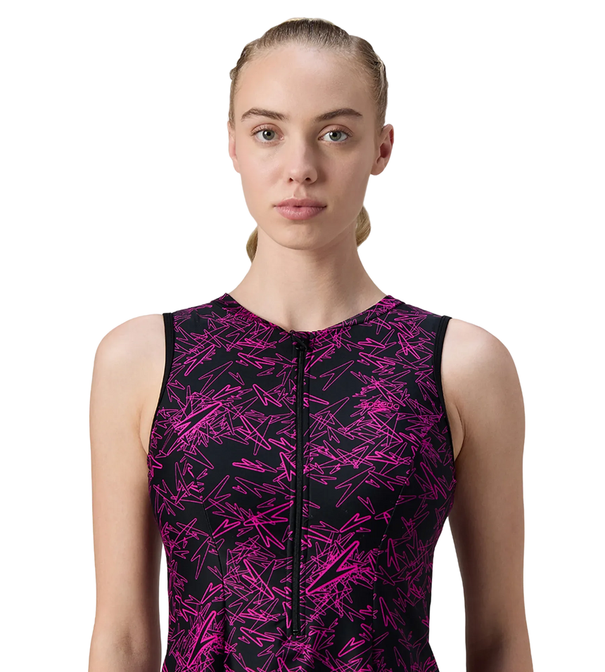 Women's Endurance10 Printed Closedback Swimdress With Boyleg - Black & Electric Pink