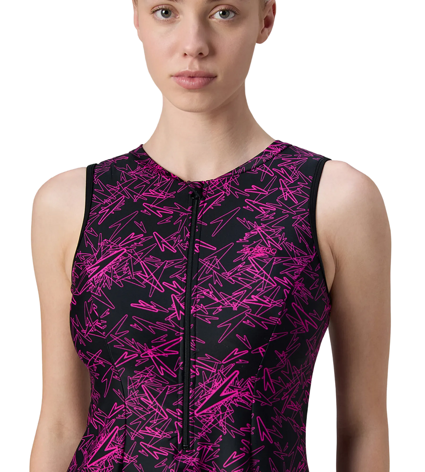 Women's Endurance10 Printed Closedback Swimdress With Boyleg - Black & Electric Pink