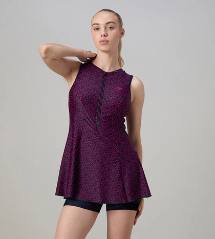Women's Endurance10 Printed Closedback Swimdress With Boyleg - True Navy & Electric Pink