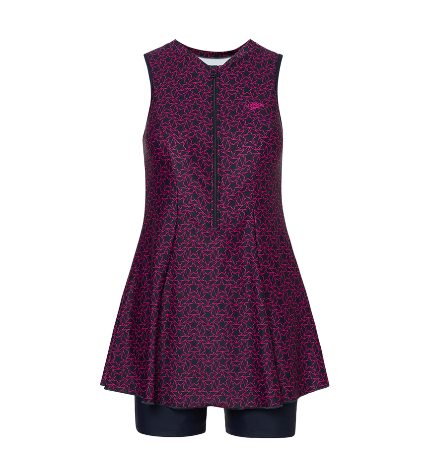 Women's Endurance10 Printed Closedback Swimdress With Boyleg - True Navy & Electric Pink