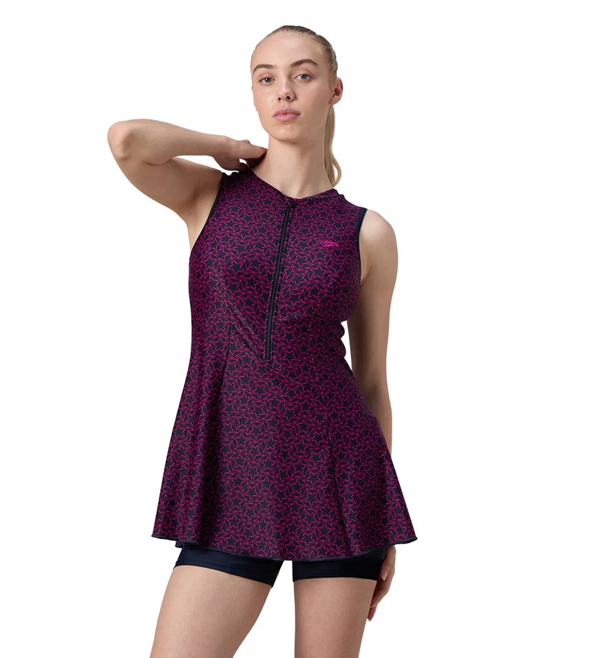 Women's Endurance10 Printed Closedback Swimdress With Boyleg - True Navy & Electric Pink