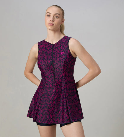 Women's Endurance10 Printed Closedback Swimdress With Boyleg - True Navy & Electric Pink