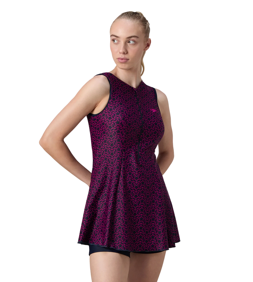 Women's Endurance10 Printed Closedback Swimdress With Boyleg - True Navy & Electric Pink