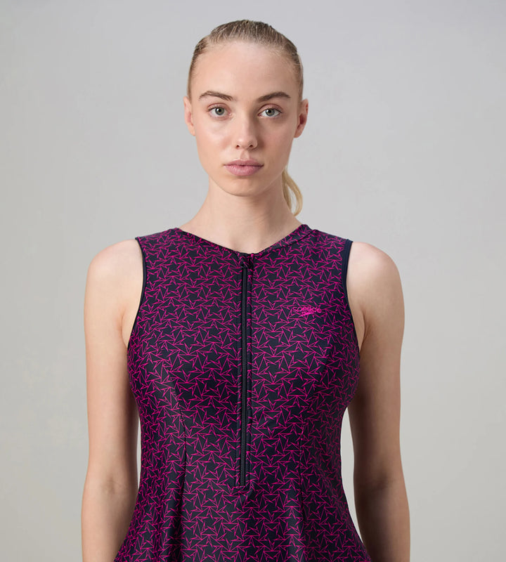 Women's Endurance10 Printed Closedback Swimdress With Boyleg - True Navy & Electric Pink
