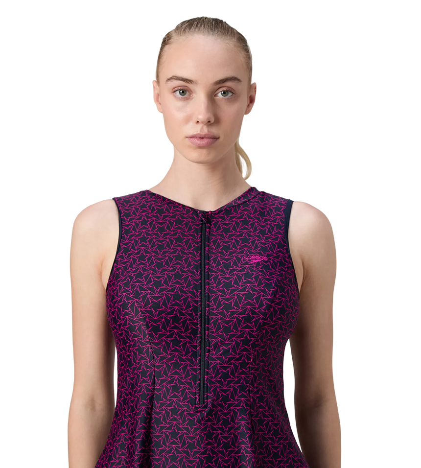 Women's Endurance10 Printed Closedback Swimdress With Boyleg - True Navy & Electric Pink