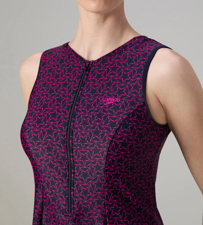 Women's Endurance10 Printed Closedback Swimdress With Boyleg - True Navy & Electric Pink