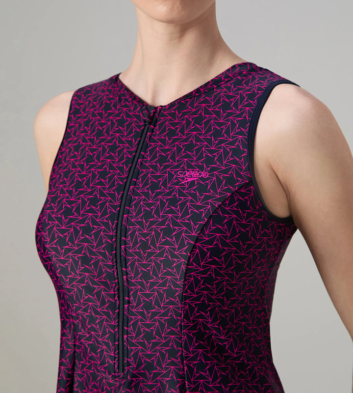 Women's Endurance10 Printed Closedback Swimdress With Boyleg - True Navy & Electric Pink