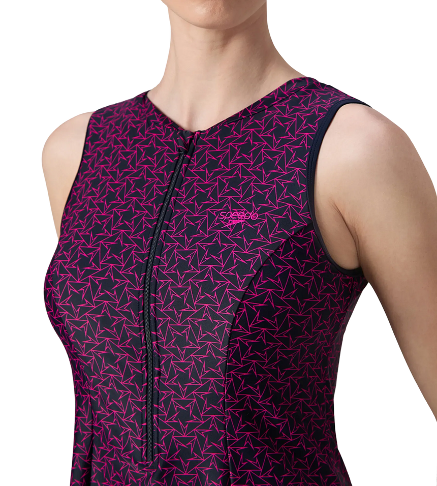 Women's Endurance10 Printed Closedback Swimdress With Boyleg - True Navy & Electric Pink