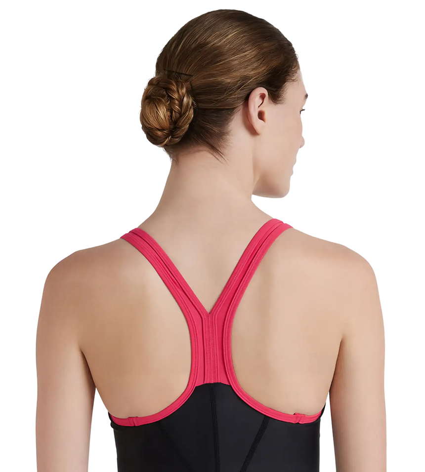 Women's Endurance 10 Essential Panel Racerback Legsuit Swimwear - Black & Raspberry Fill