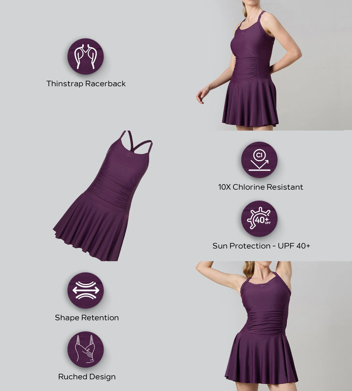 Women's Enduraflex Ruched Racerback Swimdress With Boyleg - Plum Dandy