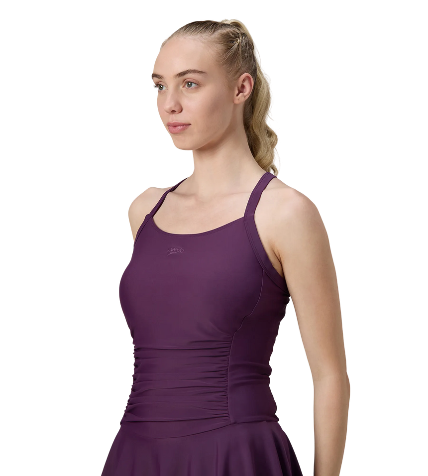 Women's Enduraflex Ruched Racerback Swimdress With Boyleg - Plum Dandy