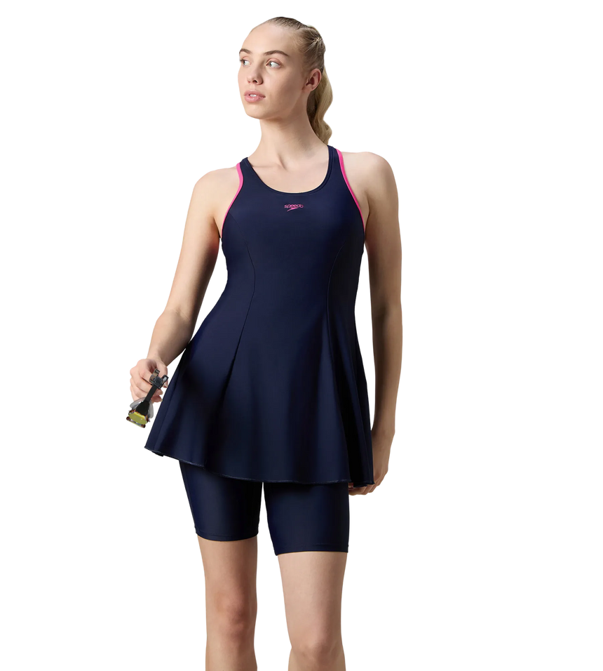 Women's Endurance10 Racerback Swimdress With Kneeleg - True Navy & Margarita Pink