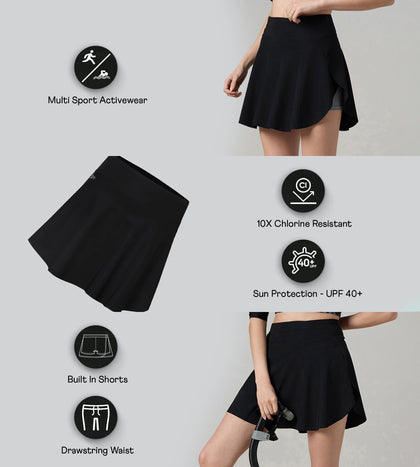 Women's Ribbed Lite Swimming Skirt With Bulit In Shorts - Black & Coin Grey