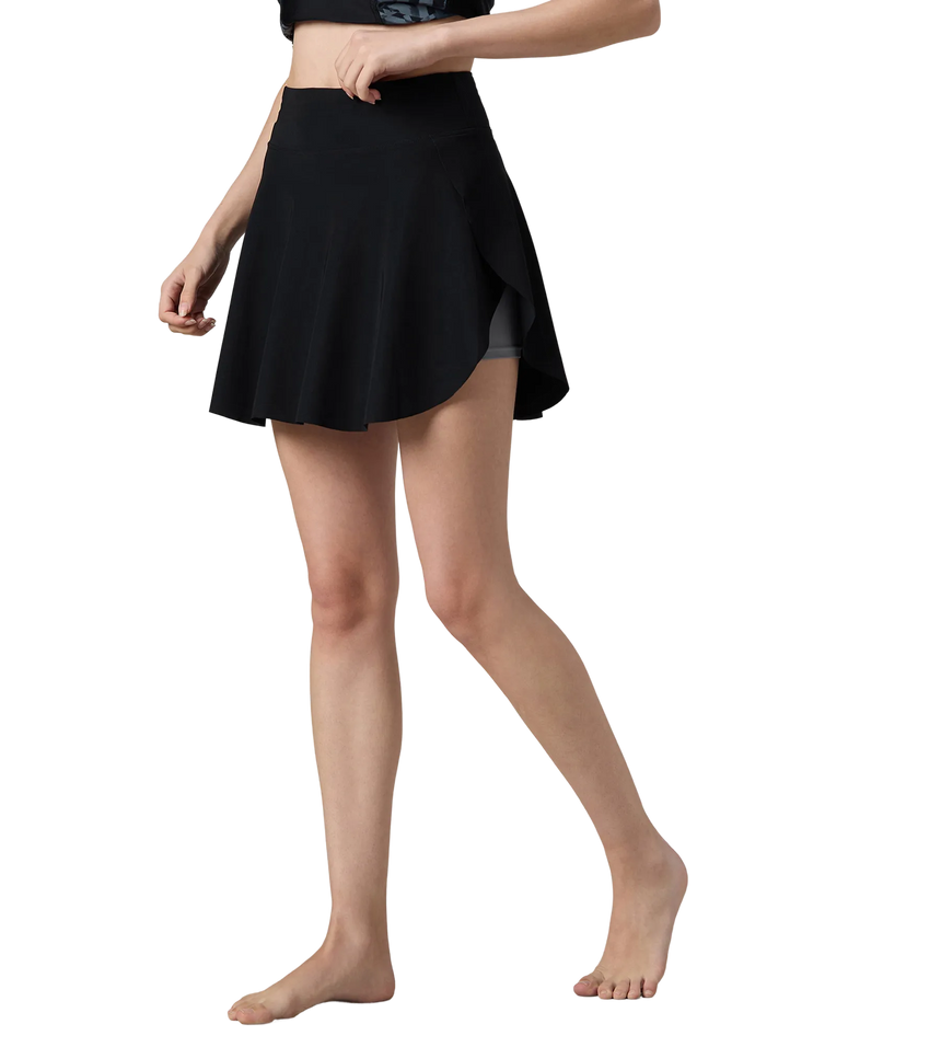 Women's Ribbed Lite Swimming Skirt With Bulit In Shorts - Black & Coin Grey