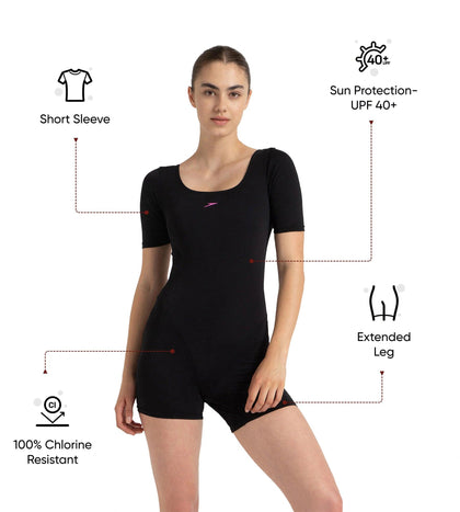 Women's Endurance+ Sleeved Myrtle U-Back Legsuit - Black & Neon Violet
