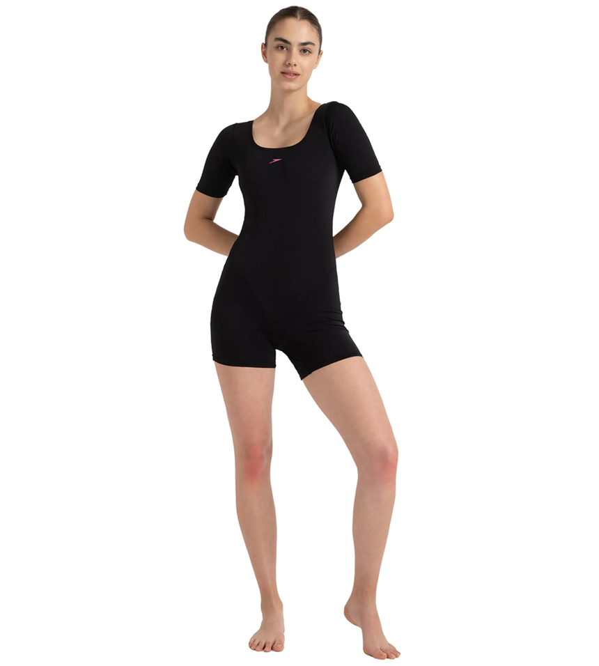 Women's Endurance+ Sleeved Myrtle U-Back Legsuit - Black & Neon Violet