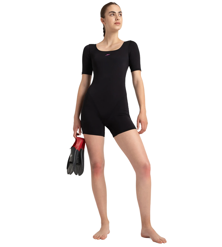 Women's Endurance+ Sleeved Myrtle U-Back Legsuit - Black & Neon Violet