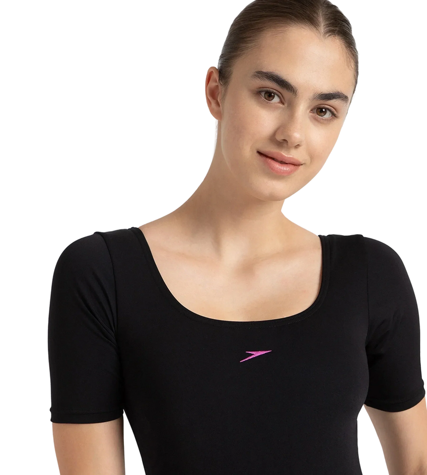 Women's Endurance+ Sleeved Myrtle U-Back Legsuit - Black & Neon Violet