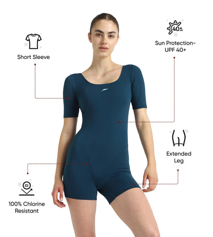 Women's Endurance+ Sleeved Myrtle Racerback Legsuit - Dark Teal & Arctic Glass
