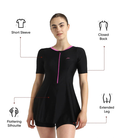 Women's Endurance10 Closedback Sleeved Swimdress With Boyleg - Black & Neon Violet