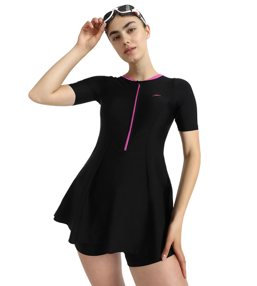 Women's Endurance10 Closedback Sleeved Swimdress With Boyleg - Black & Neon Violet
