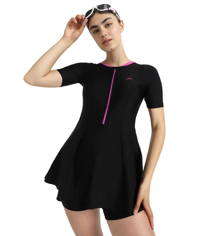 Women's Endurance10 Closedback Sleeved Swimdress With Boyleg - Black & Neon Violet