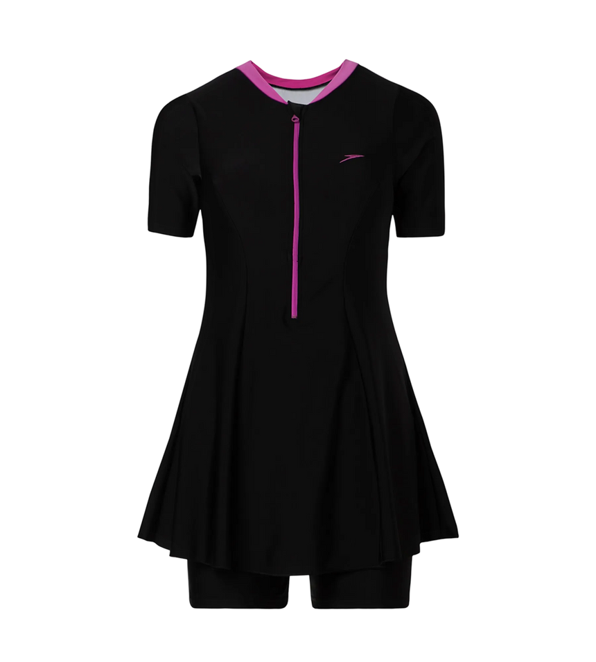 Women's Endurance10 Closedback Sleeved Swimdress With Boyleg - Black & Neon Violet