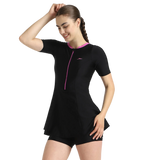 Women's Endurance10 Closedback Sleeved Swimdress With Boyleg - Black & Neon Violet