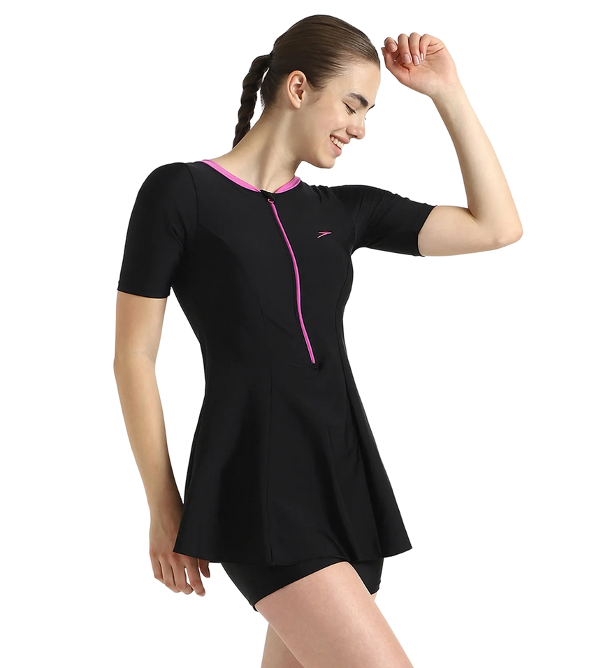 Women's Endurance10 Closedback Sleeved Swimdress With Boyleg - Black & Neon Violet