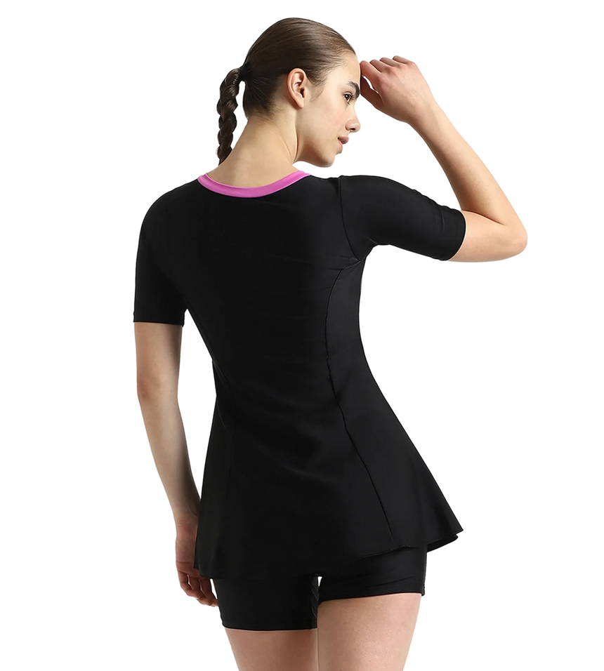 Women's Endurance10 Closedback Sleeved Swimdress With Boyleg - Black & Neon Violet