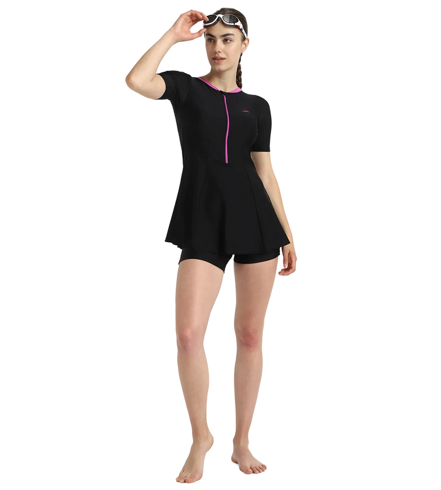 Women's Endurance10 Closedback Sleeved Swimdress With Boyleg - Black & Neon Violet