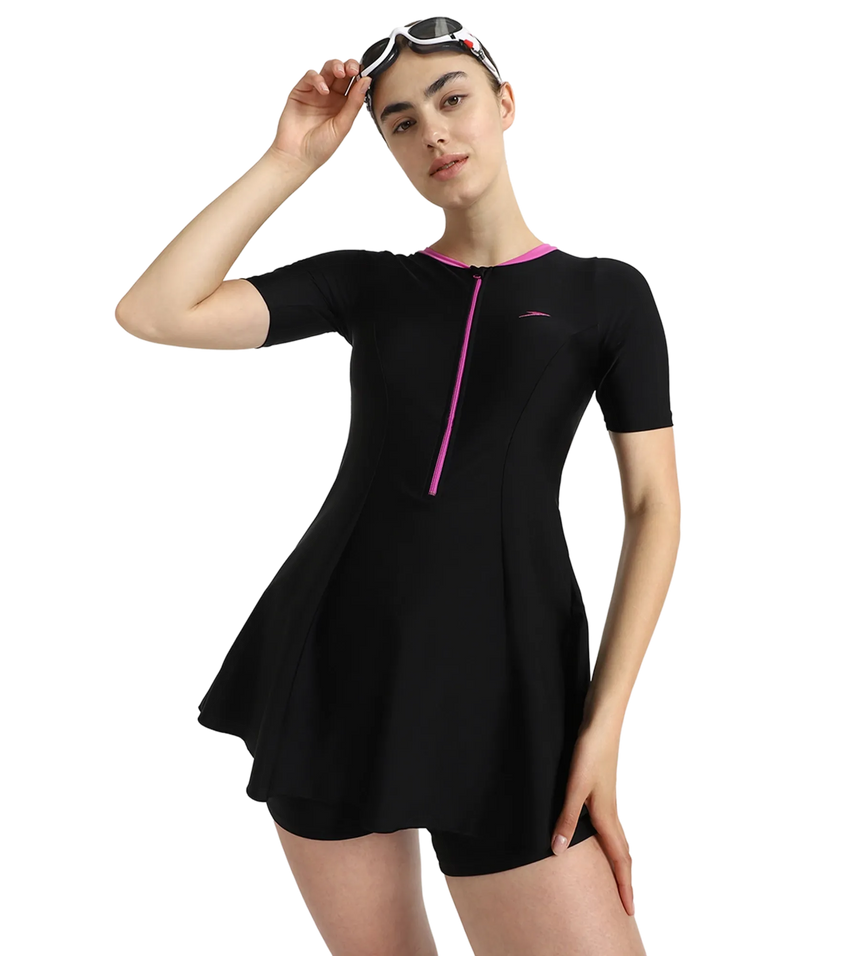 Women's Endurance10 Closedback Sleeved Swimdress With Boyleg - Black & Neon Violet