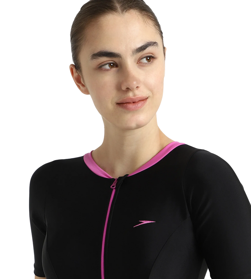 Women's Endurance10 Closedback Sleeved Swimdress With Boyleg - Black & Neon Violet