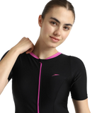 Women's Endurance10 Closedback Sleeved Swimdress With Boyleg - Black & Neon Violet