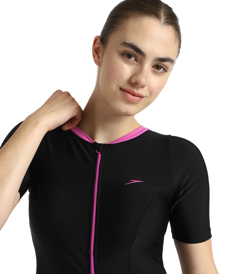 Women's Endurance10 Closedback Sleeved Swimdress With Boyleg - Black & Neon Violet