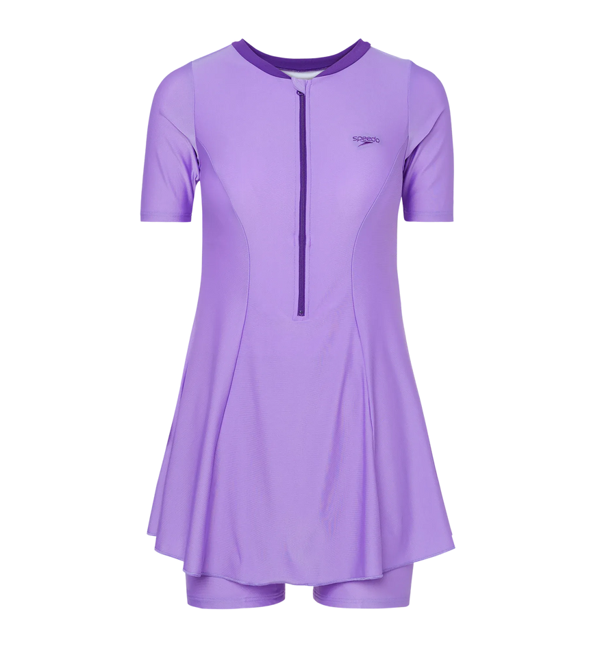 Women's Endurabrite Short Sleeve Closedback Swimdress With Boyleg - Purple Mist & Tillandsia Purple