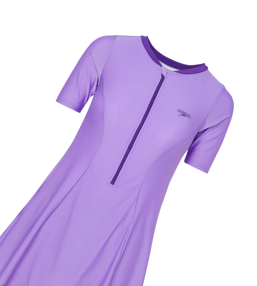 Women's Endurabrite Short Sleeve Closedback Swimdress With Boyleg - Purple Mist & Tillandsia Purple