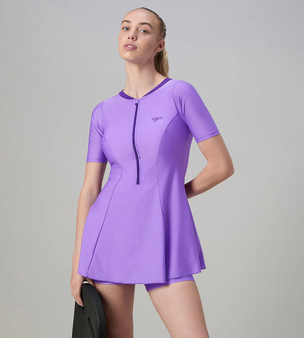 Women's Endurabrite Short Sleeve Closedback Swimdress With Boyleg - Purple Mist & Tillandsia Purple