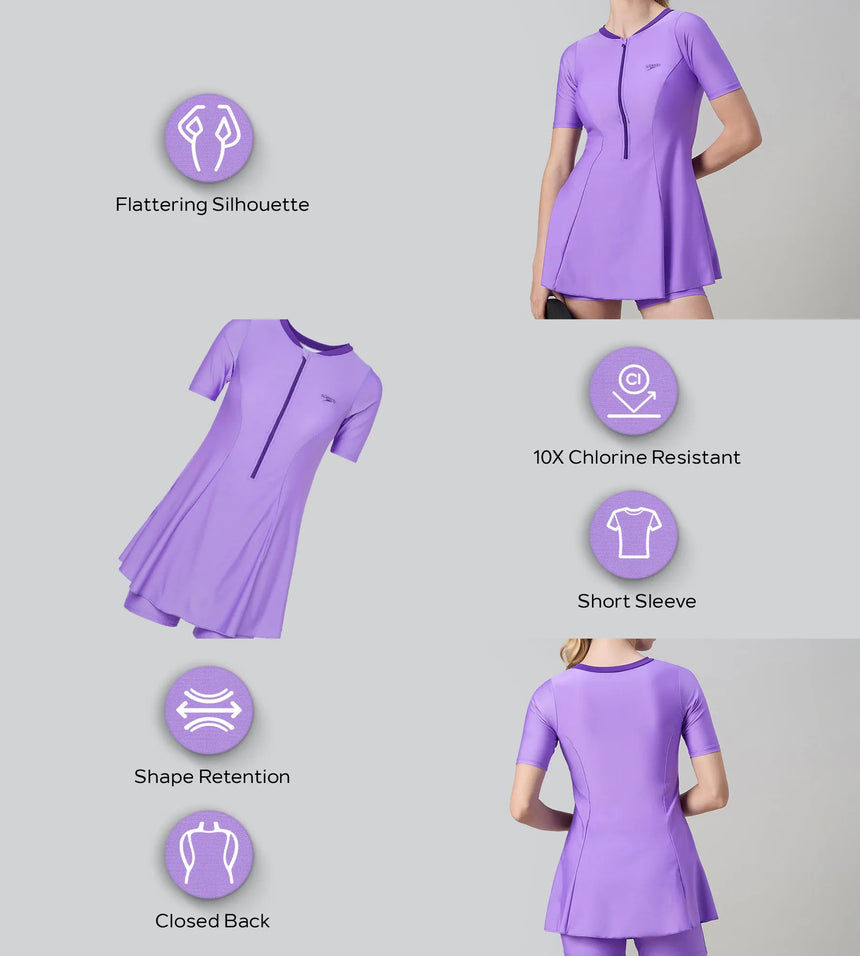 Women's Endurabrite Short Sleeve Closedback Swimdress With Boyleg - Purple Mist & Tillandsia Purple
