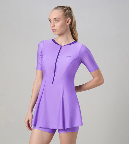 Women's Endurabrite Short Sleeve Closedback Swimdress With Boyleg - Purple Mist & Tillandsia Purple